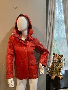 Andrew Marc Red Hooded Leather Jacket
